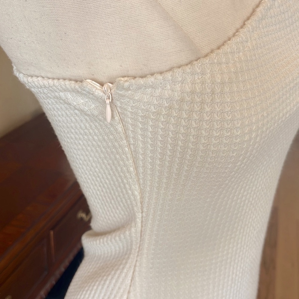 One Shoulder Cream Waffle Form Fitting Dress Fringe New - Picture 7 of 10